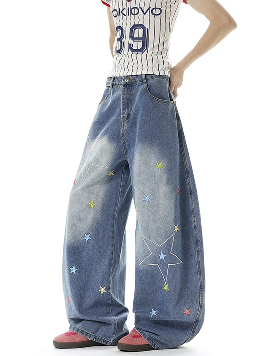 Star Embroidered Baggy Denim Pants