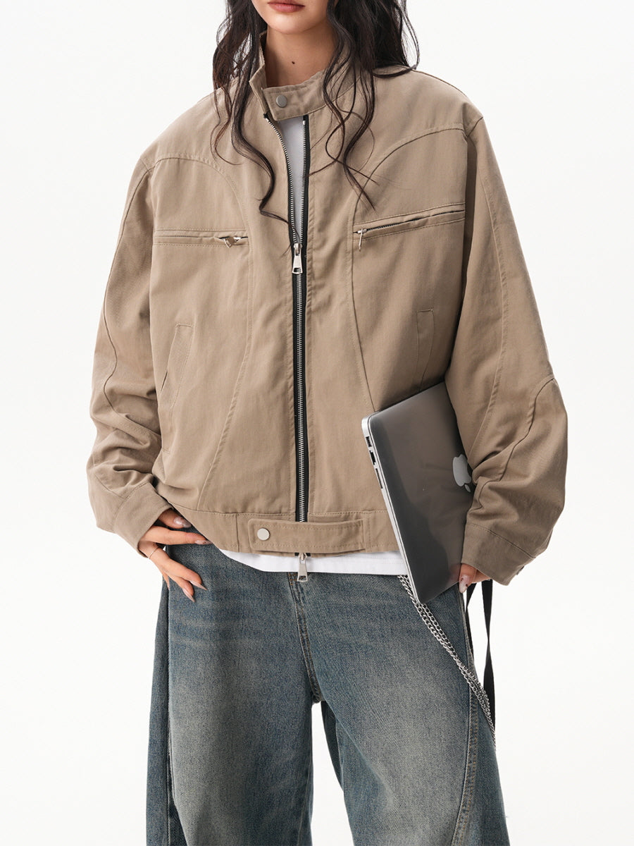 Unisex Casual Zip Pocket Jacket - Khaki Beige