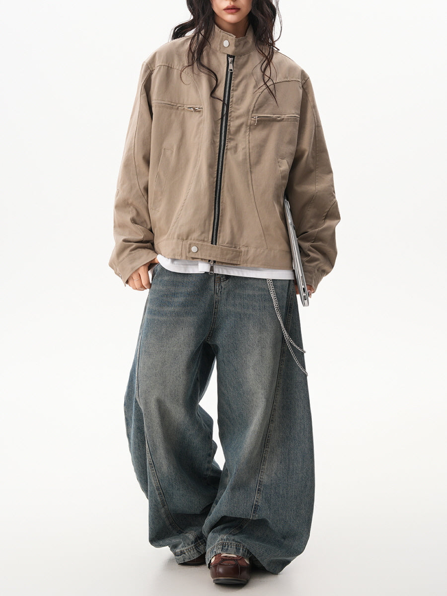 Unisex Casual Zip Pocket Jacket - Khaki Beige