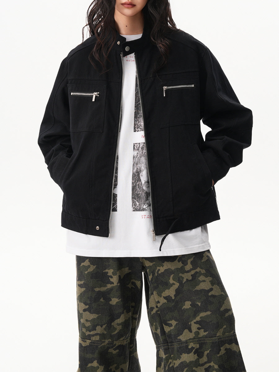 Unisex Casual Zip Pocket Jacket - Black