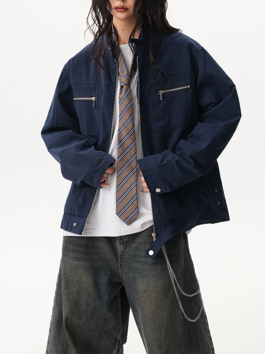 Unisex Casual Zip Pocket Jacket - Navy