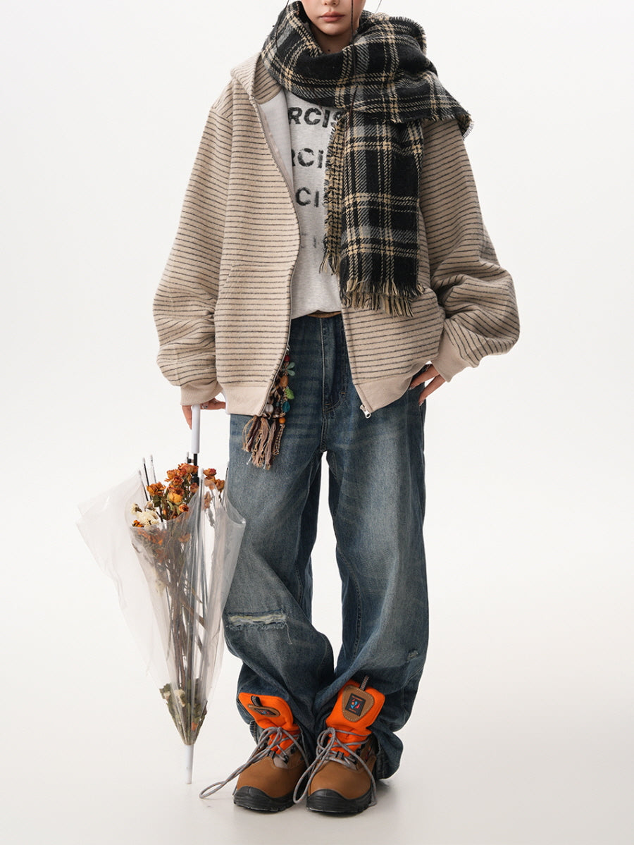 Striped Textured Zip-Up Hoodie