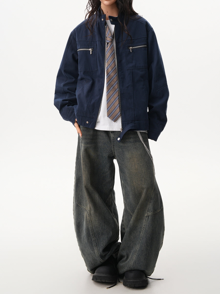 Unisex Casual Zip Pocket Jacket - Navy