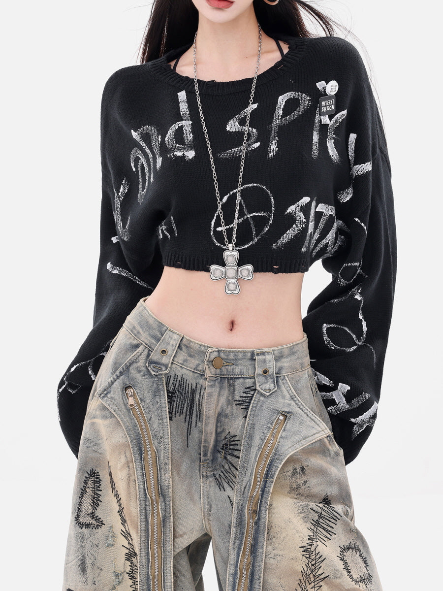 Graffiti Print Cropped Knit Sweater