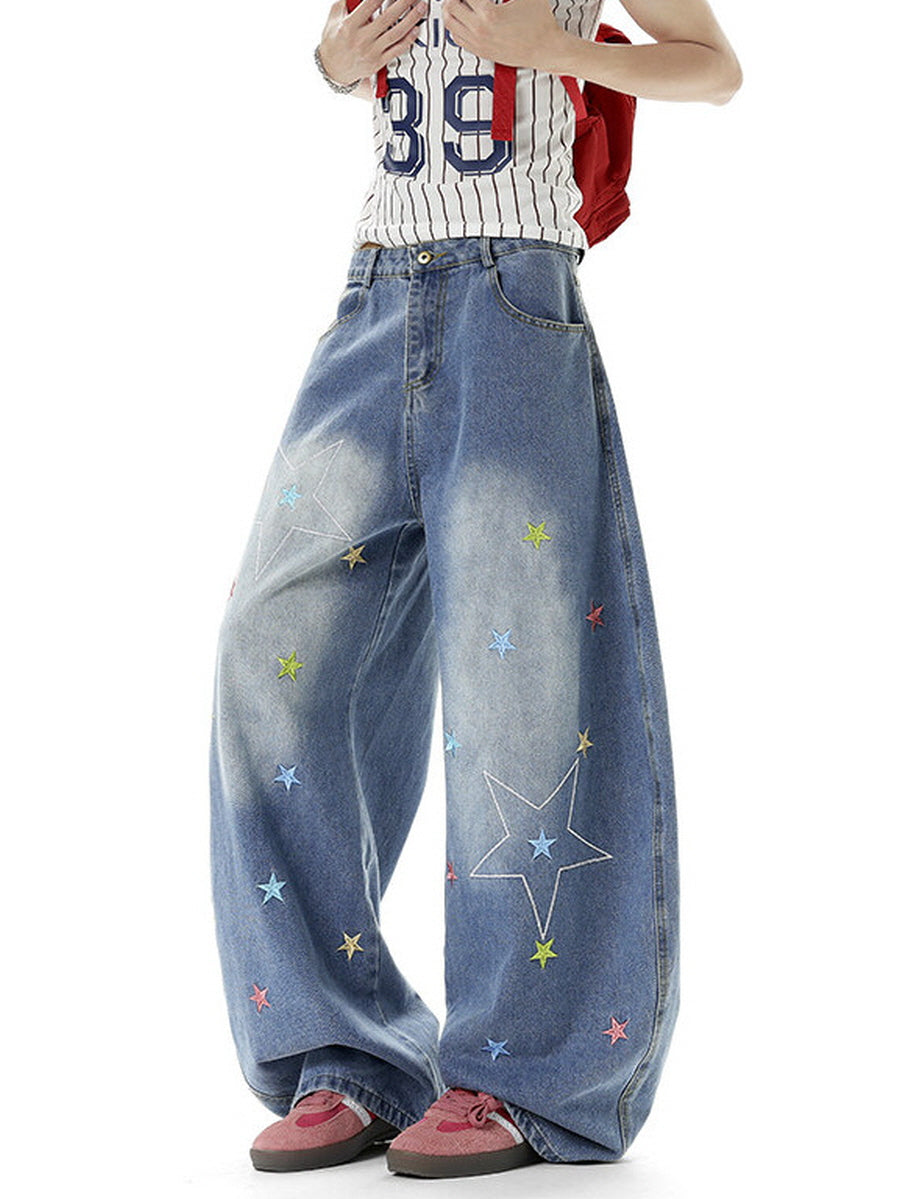 Star Embroidered Baggy Denim Pants