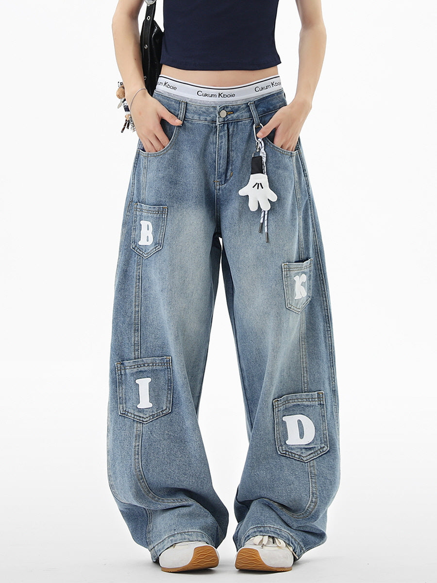 Letter Patch Baggy Denim Pants