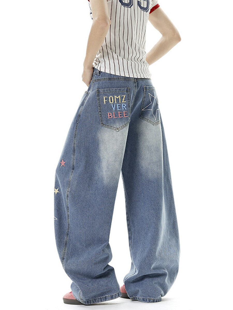 Star Embroidered Baggy Denim Pants
