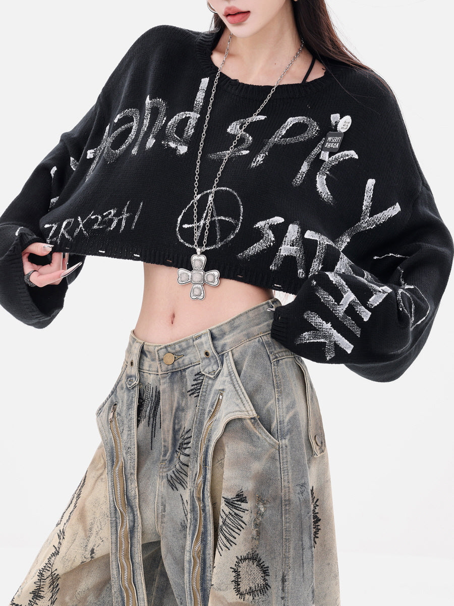Graffiti Print Cropped Knit Sweater