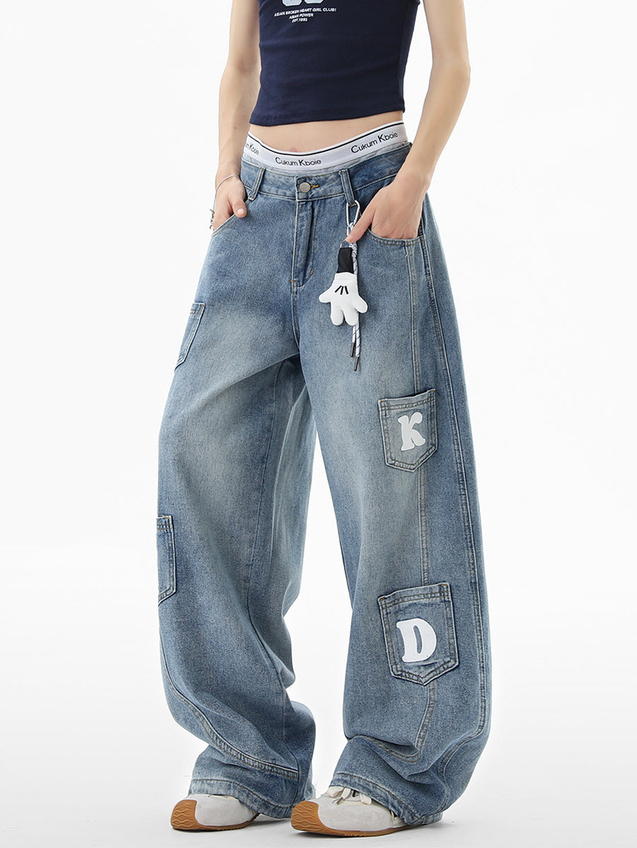 Letter Patch Baggy Denim Pants
