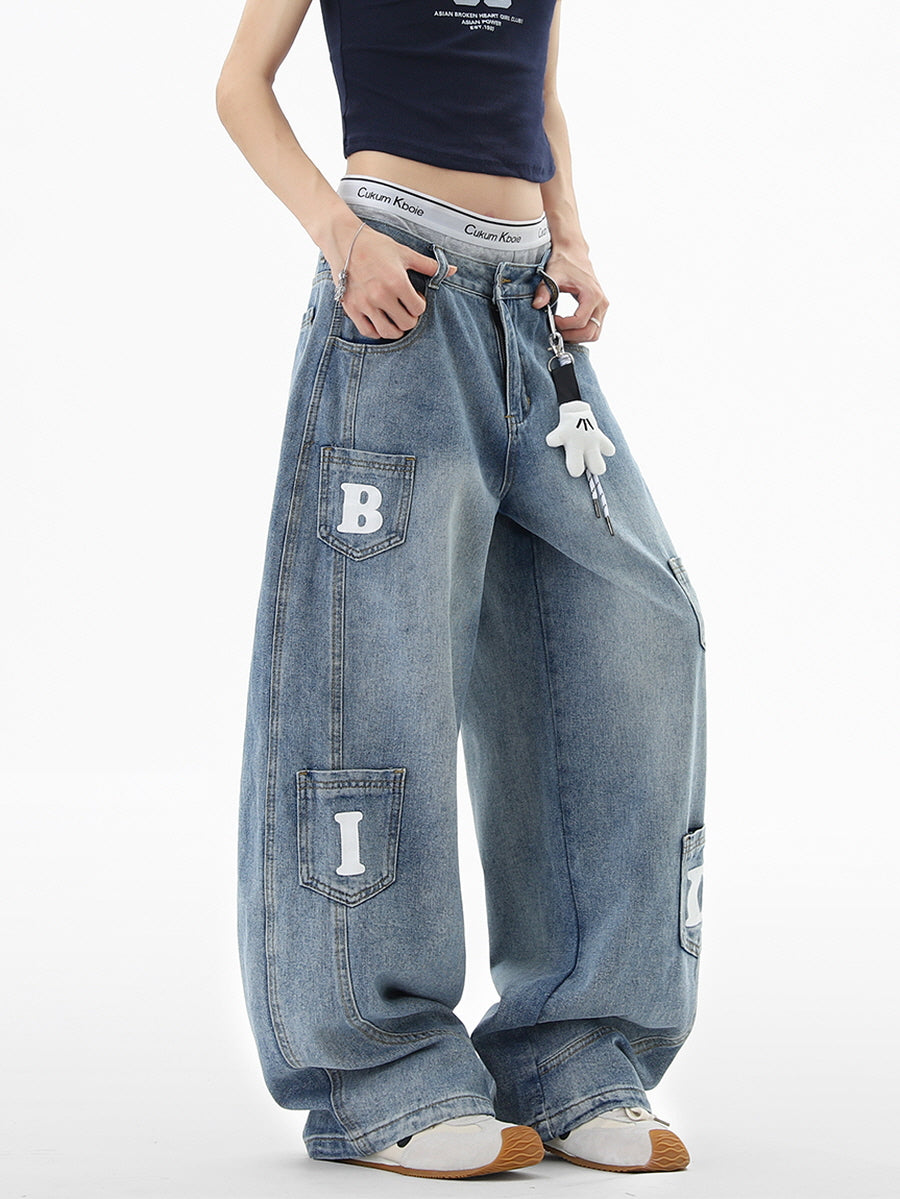 Letter Patch Baggy Denim Pants