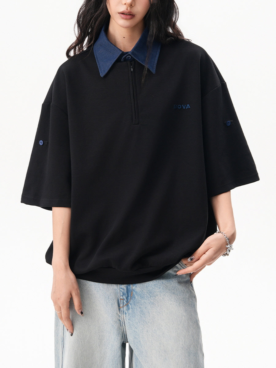 Faux Collar Half Zip T-Shirt