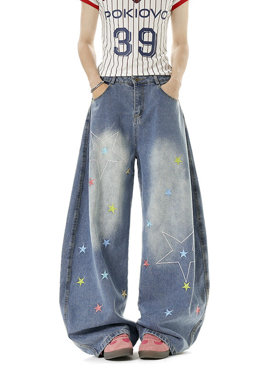 Star Embroidered Baggy Denim Pants