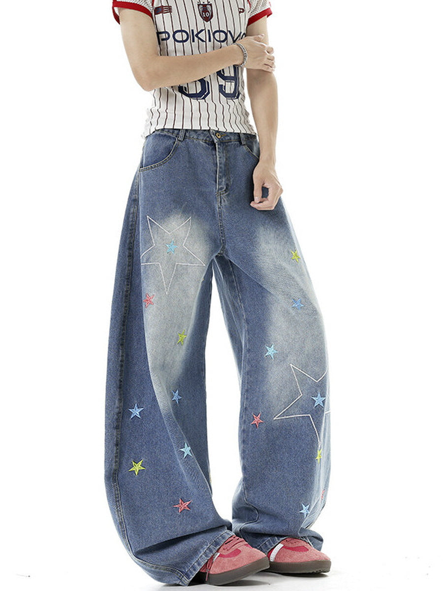 Star Embroidered Baggy Denim Pants