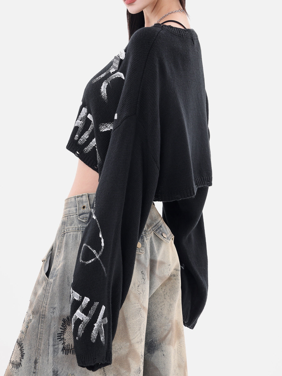 Graffiti Print Cropped Knit Sweater