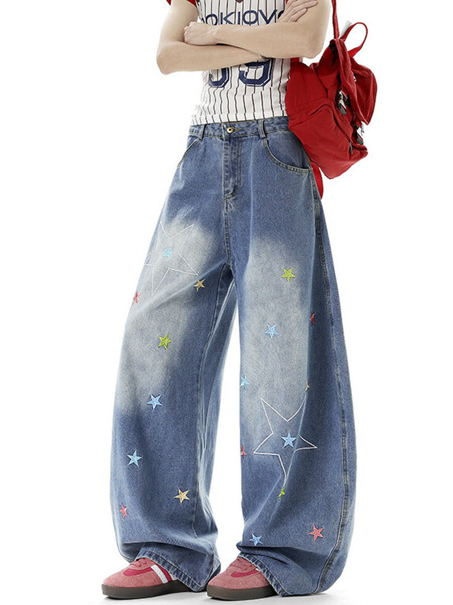 Star Embroidered Baggy Denim Pants