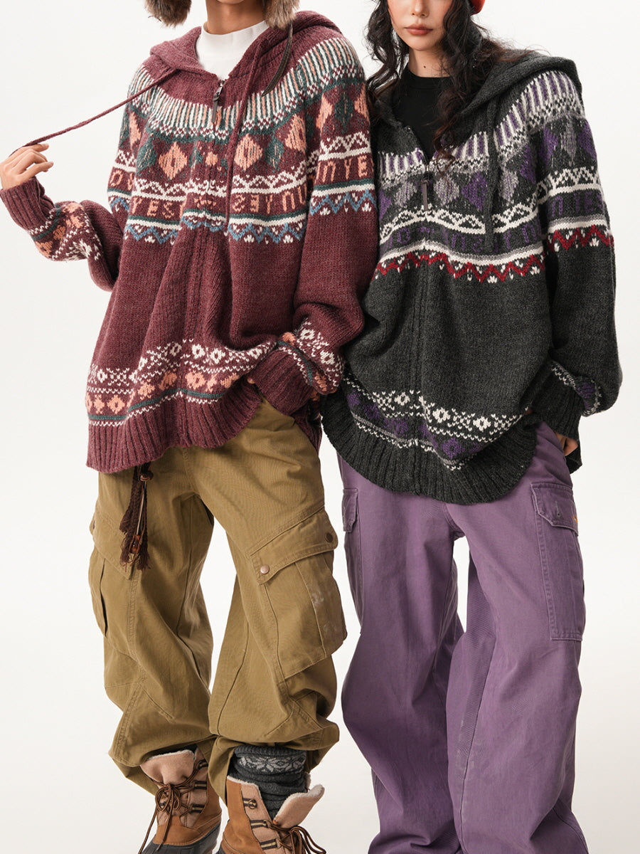 Nordic Pattern Knit Zip-Up Cardigan