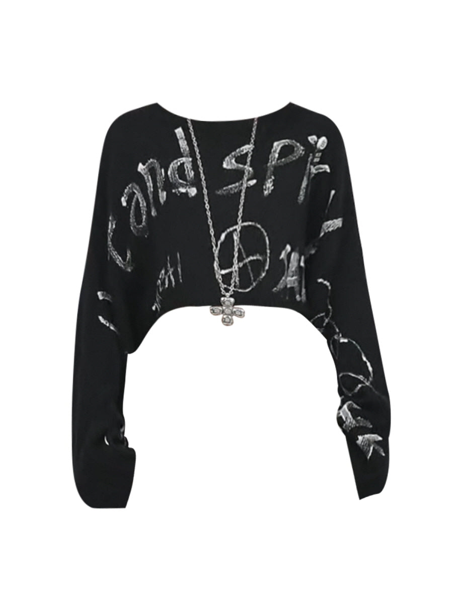 Graffiti Print Cropped Knit Sweater