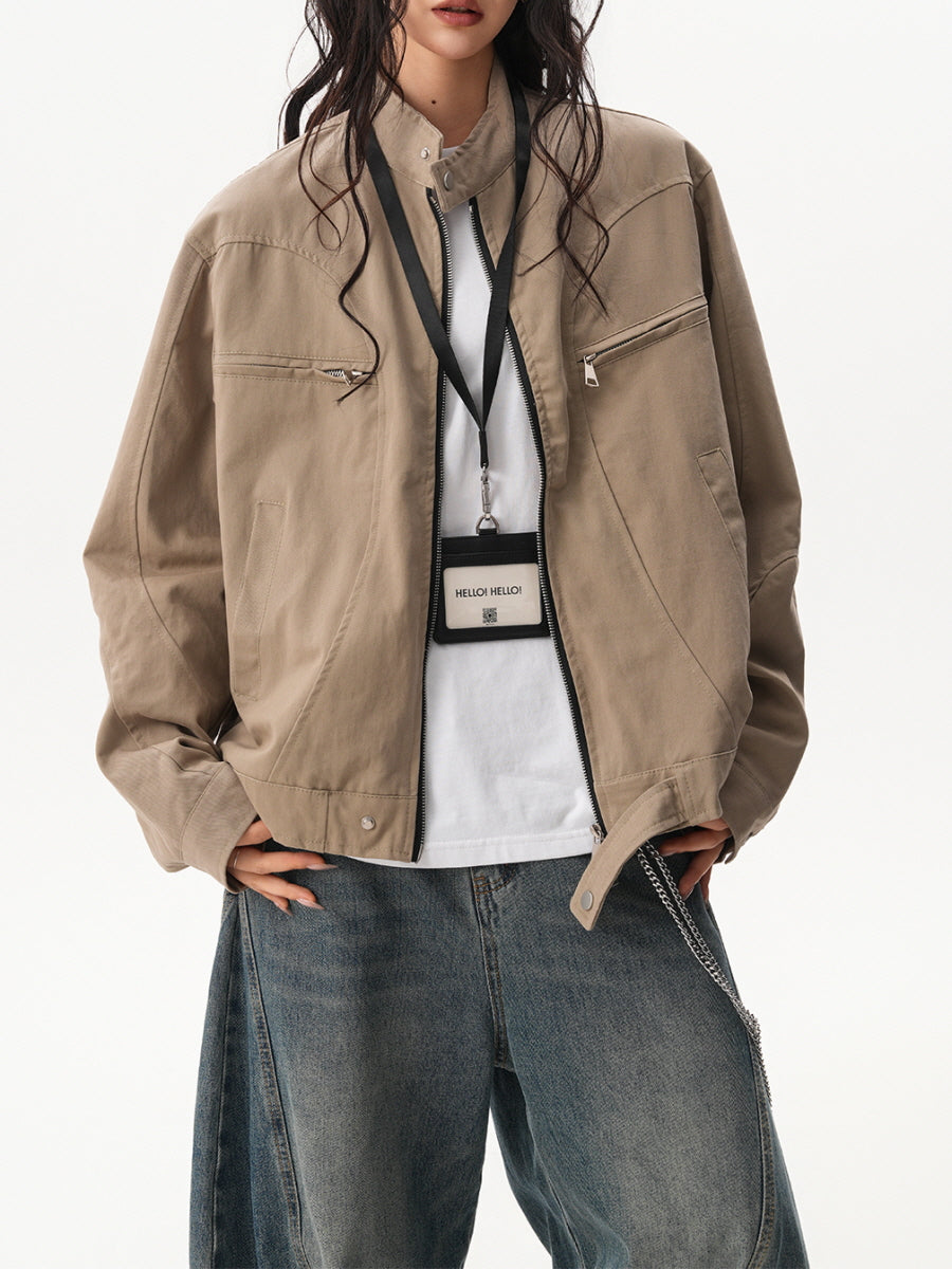 Unisex Casual Zip Pocket Jacket - Khaki Beige