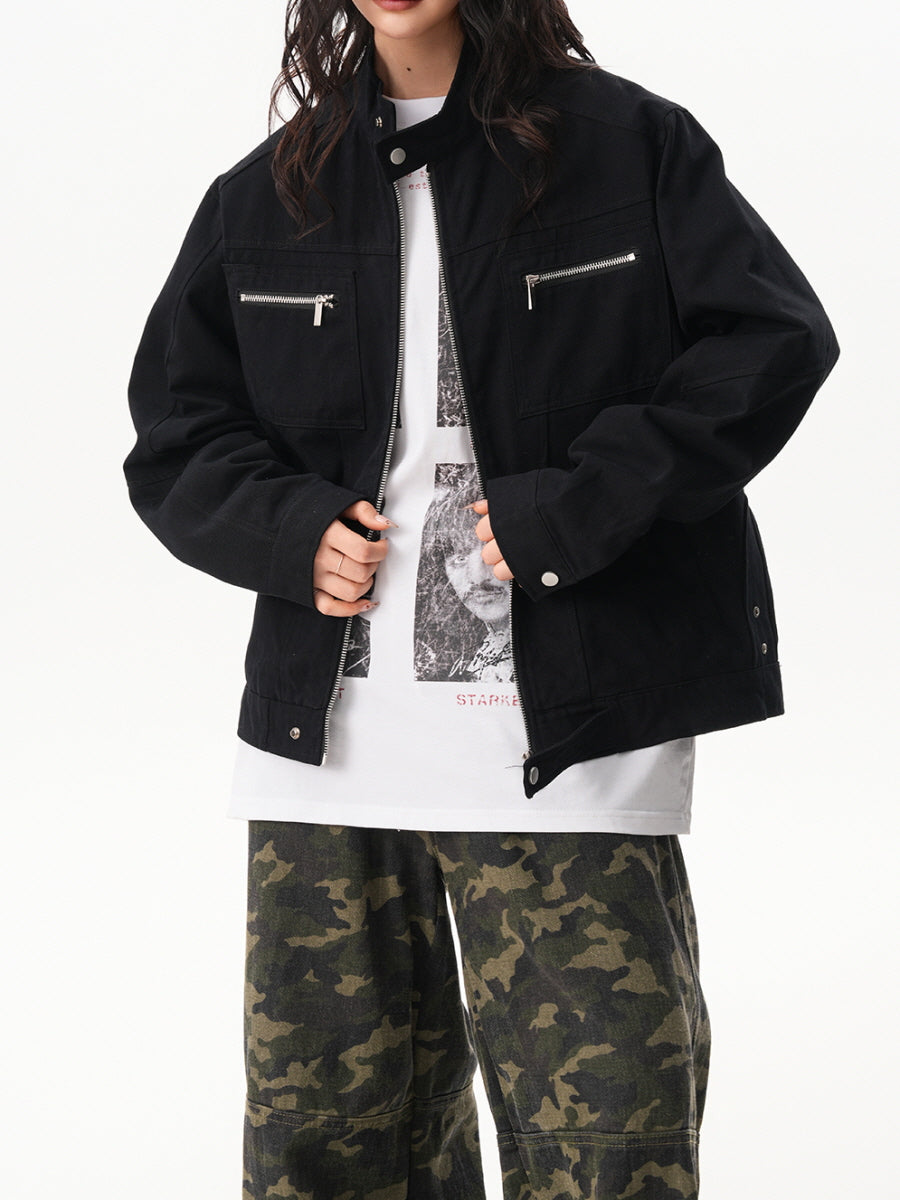 Unisex Casual Zip Pocket Jacket - Black