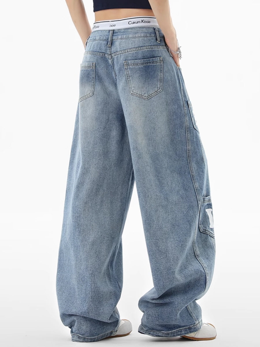 Letter Patch Baggy Denim Pants
