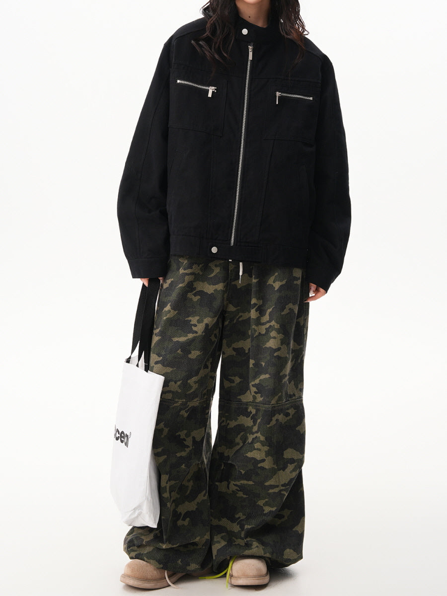 Unisex Casual Zip Pocket Jacket - Black