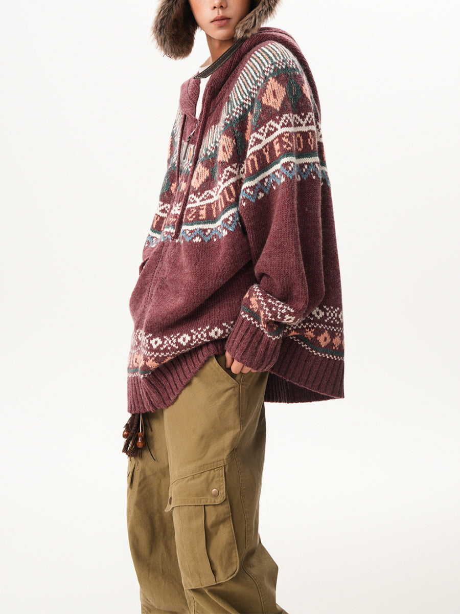 Nordic Pattern Knit Zip-Up Cardigan