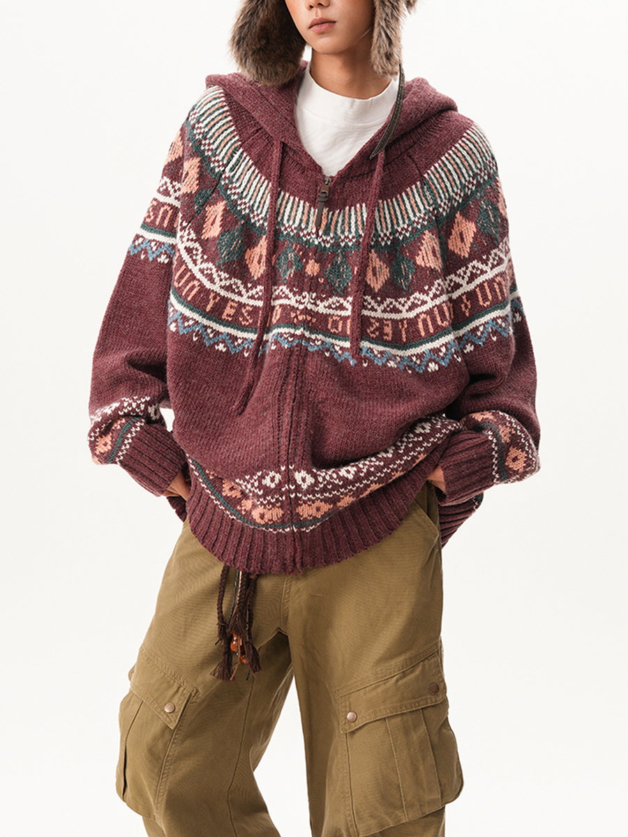 Nordic Pattern Knit Zip-Up Cardigan