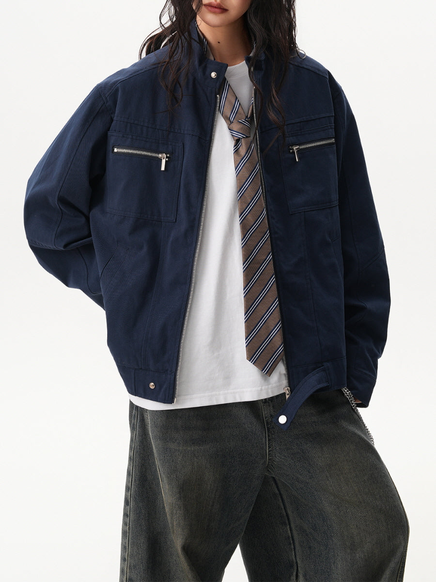 Unisex Casual Zip Pocket Jacket - Navy