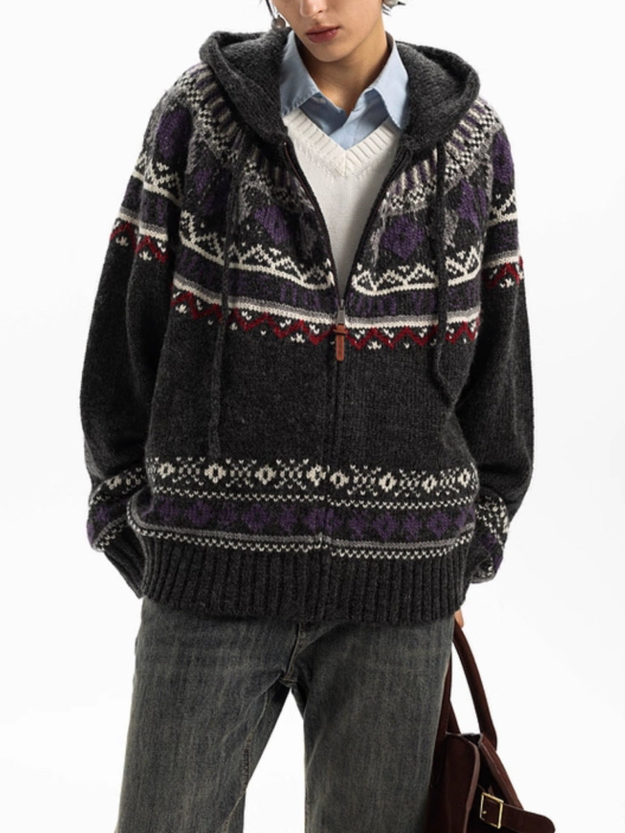 Nordic Pattern Knit Zip-Up Cardigan