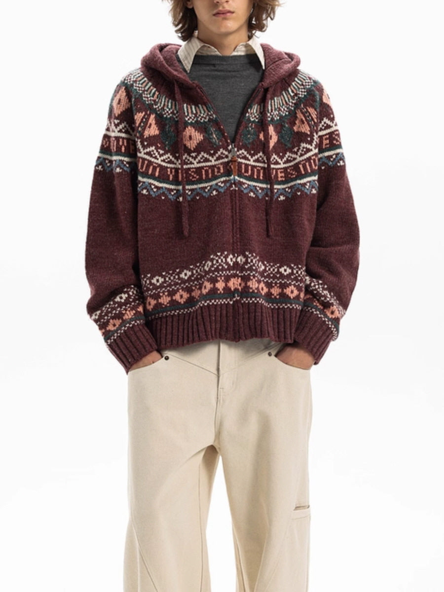 Nordic Pattern Knit Zip-Up Cardigan
