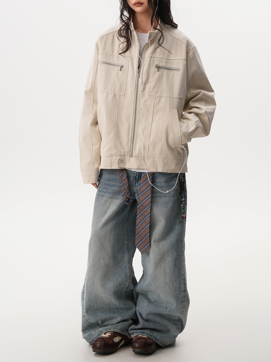 Unisex Casual Zip Pocket Jacket - White