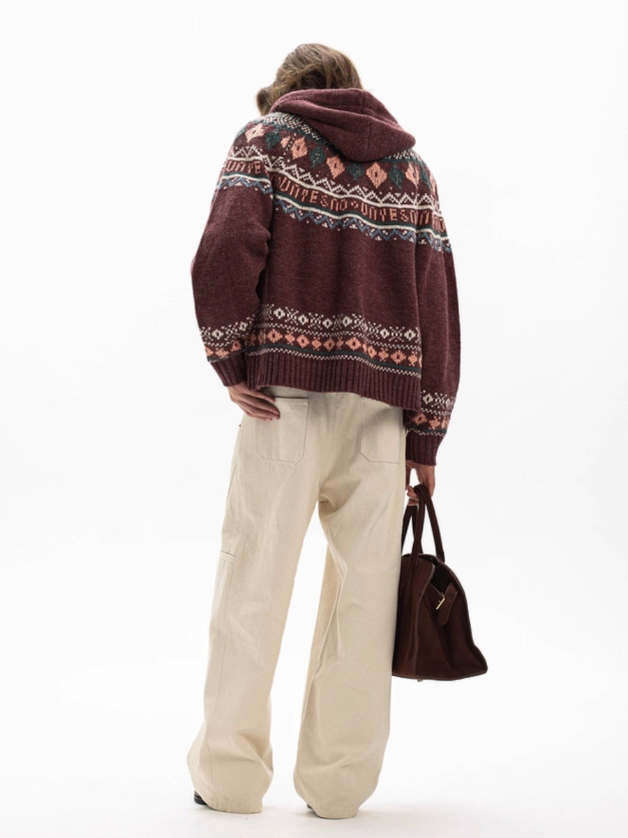 Nordic Pattern Knit Zip-Up Cardigan