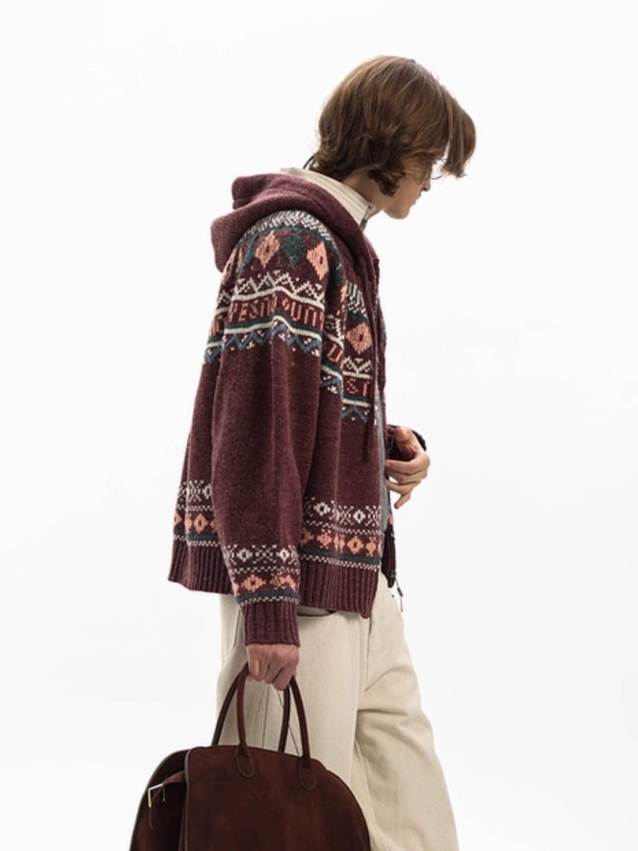 Nordic Pattern Knit Zip-Up Cardigan