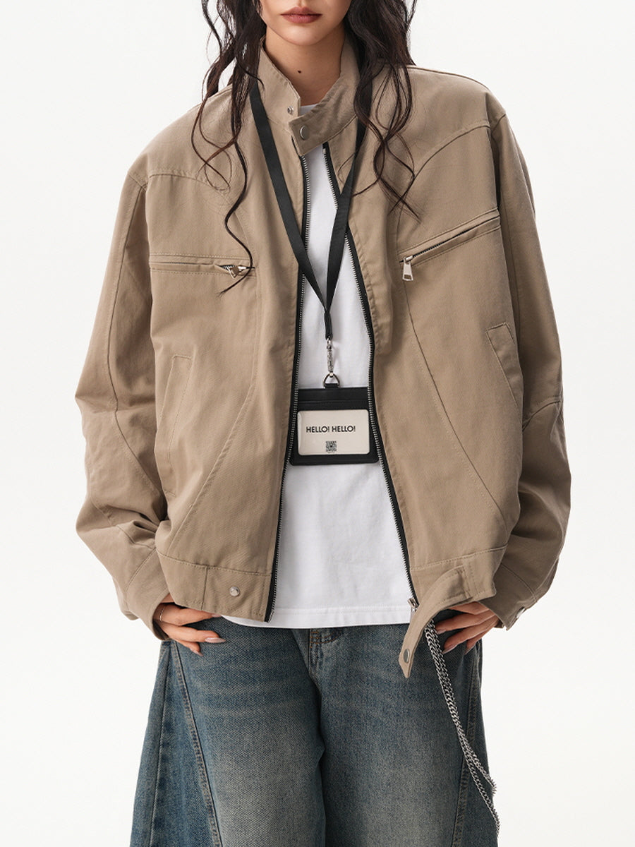 Unisex Casual Zip Pocket Jacket - Khaki Beige