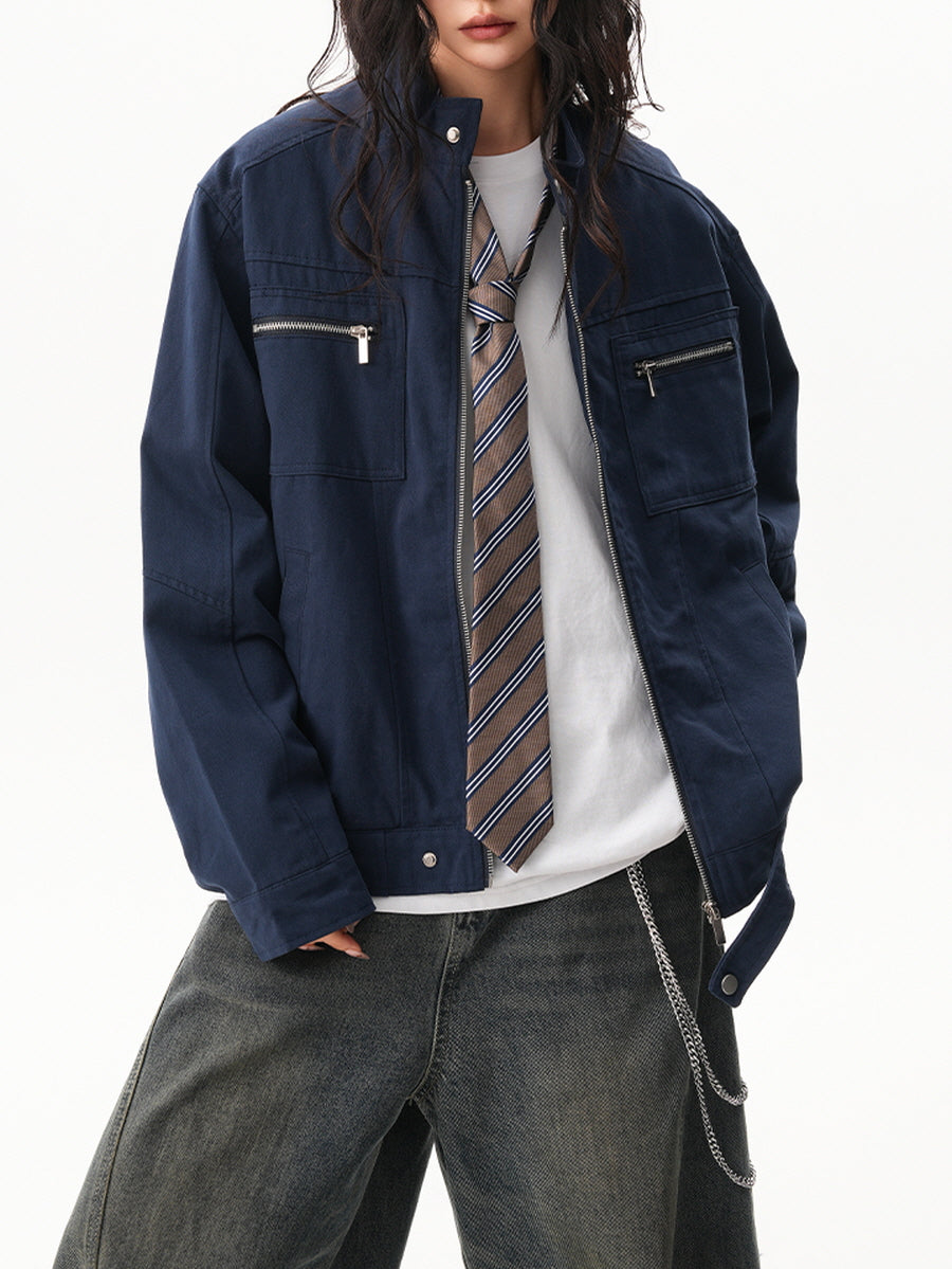 Unisex Casual Zip Pocket Jacket - Navy