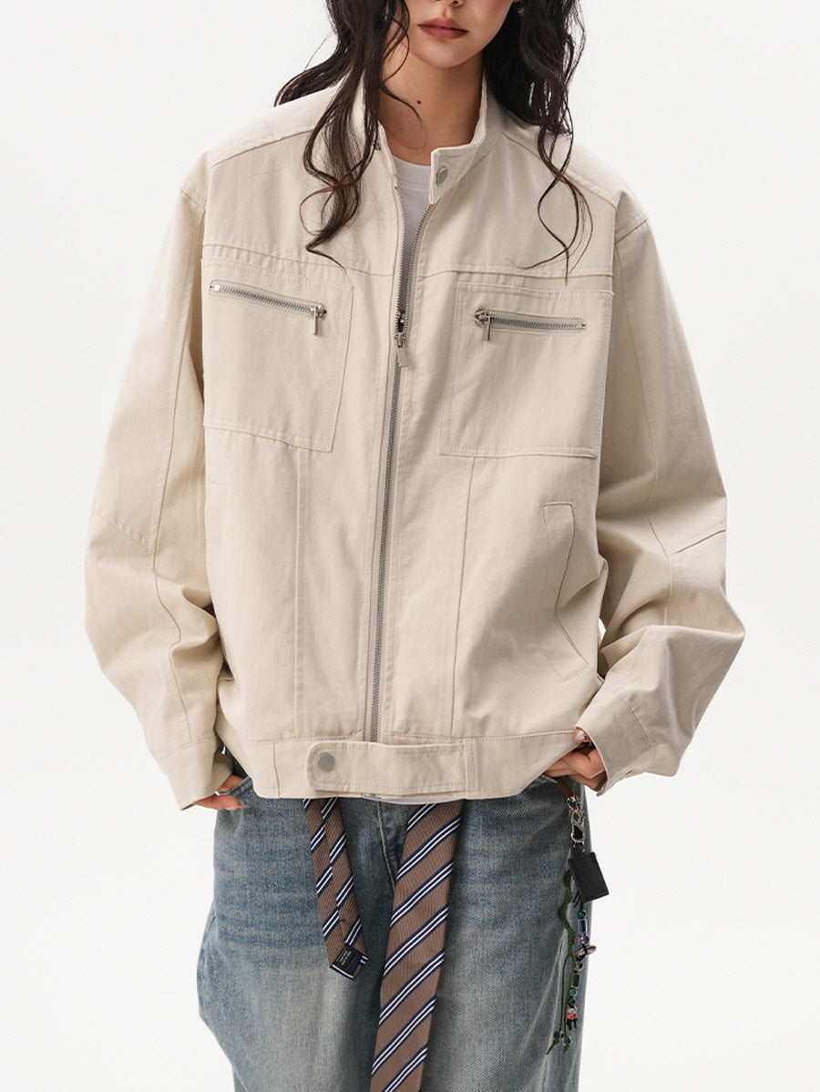 Unisex Casual Zip Pocket Jacket - White