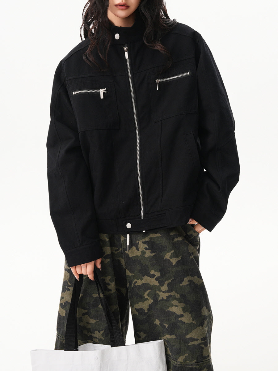 Unisex Casual Zip Pocket Jacket - Black